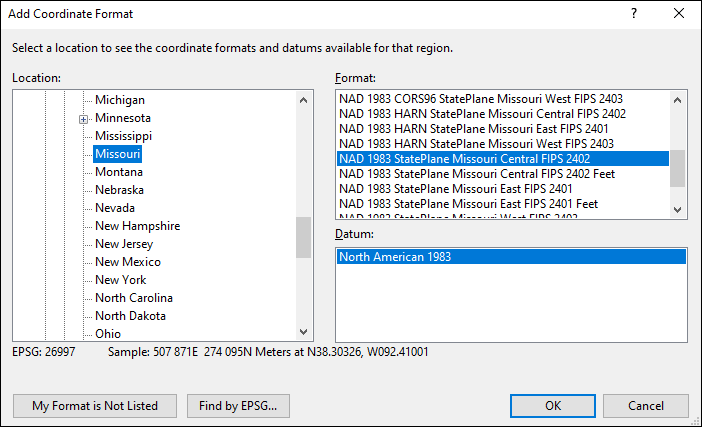 Convert Missouri East State Plane Coordinates in NAD83 to & from UTM or lat/long